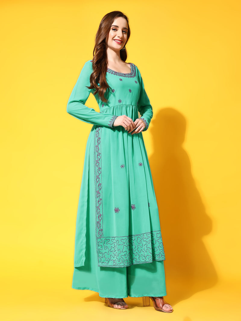 Poshak Hub Women Torquoise georgette Aari work A-Line Kurta with Sharara