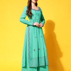 Poshak Hub Women Torquoise georgette Aari work A-Line Kurta with Sharara