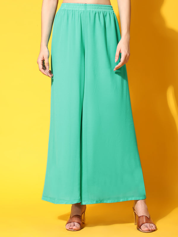Poshak Hub Women Torquoise georgette Aari work A-Line Kurta with Sharara