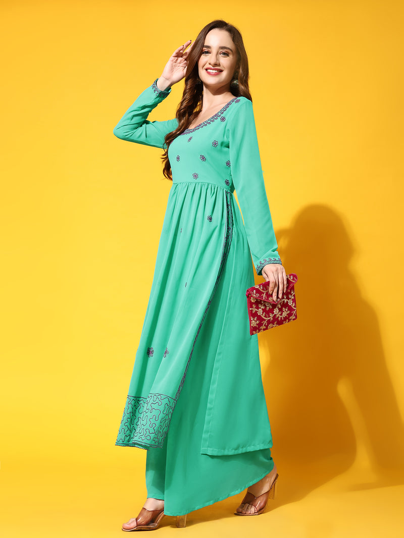 Poshak Hub Women Torquoise georgette Aari work A-Line Kurta with Sharara