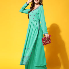 Poshak Hub Women Torquoise georgette Aari work A-Line Kurta with Sharara