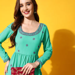 Poshak Hub Women Torquoise georgette Aari work A-Line Kurta with Sharara