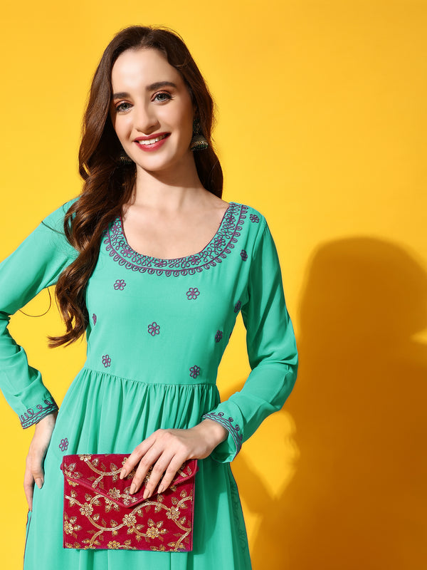 Poshak Hub Women Torquoise georgette Aari work A-Line Kurta with Sharara