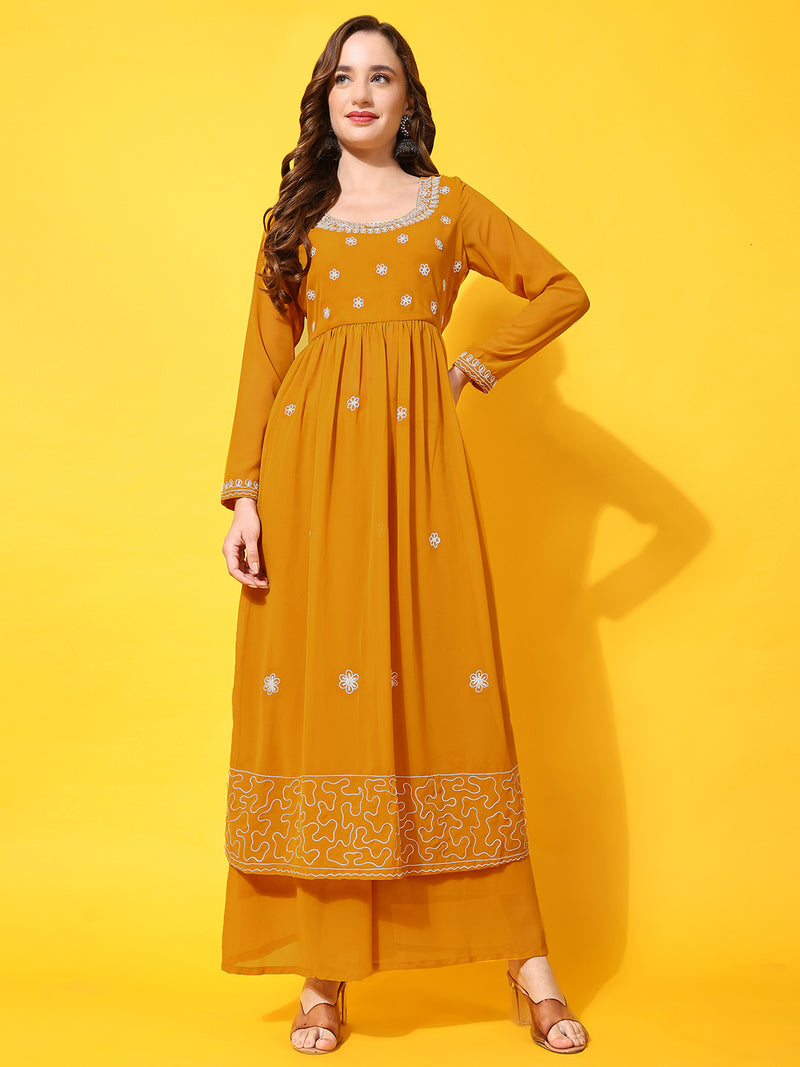 Poshak Hub Women Lavender georgette Aari work A-Line Kurta with Sharara