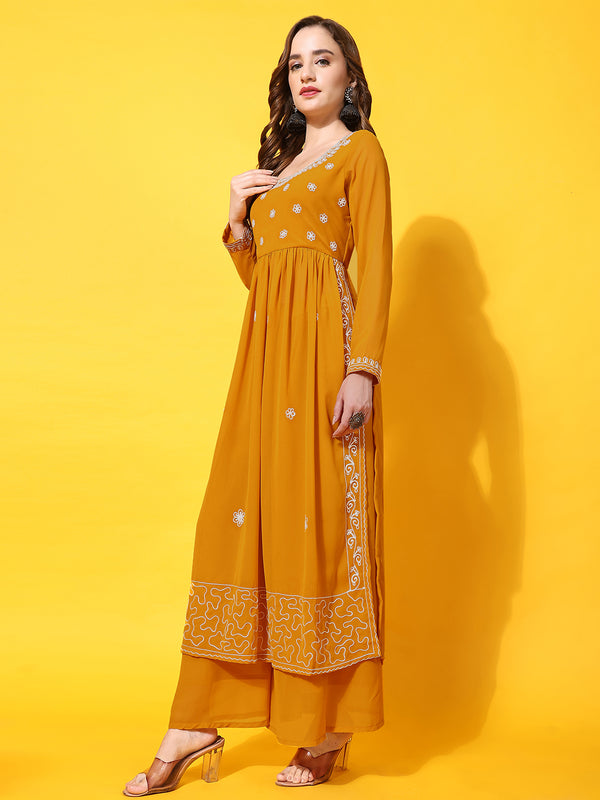 Poshak Hub Women Lavender georgette Aari work A-Line Kurta with Sharara