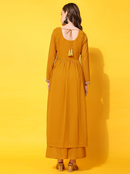 Poshak Hub Women Yellow georgette Aari work A-Line Kurta with Sharara