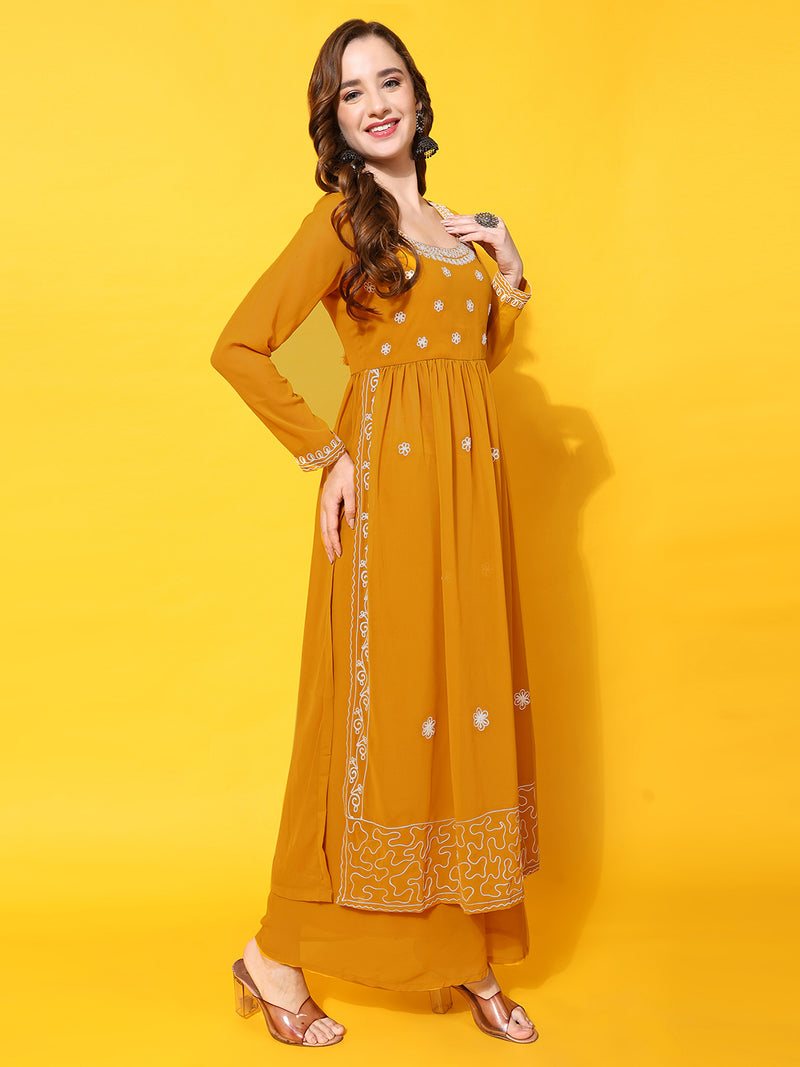 Poshak Hub Women Lavender georgette Aari work A-Line Kurta with Sharara