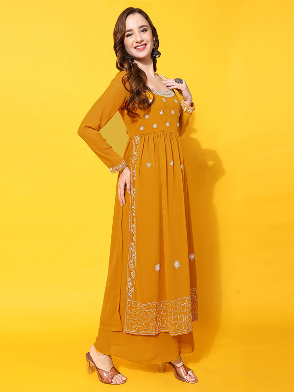 Poshak Hub Women Lavender georgette Aari work A-Line Kurta with Sharara