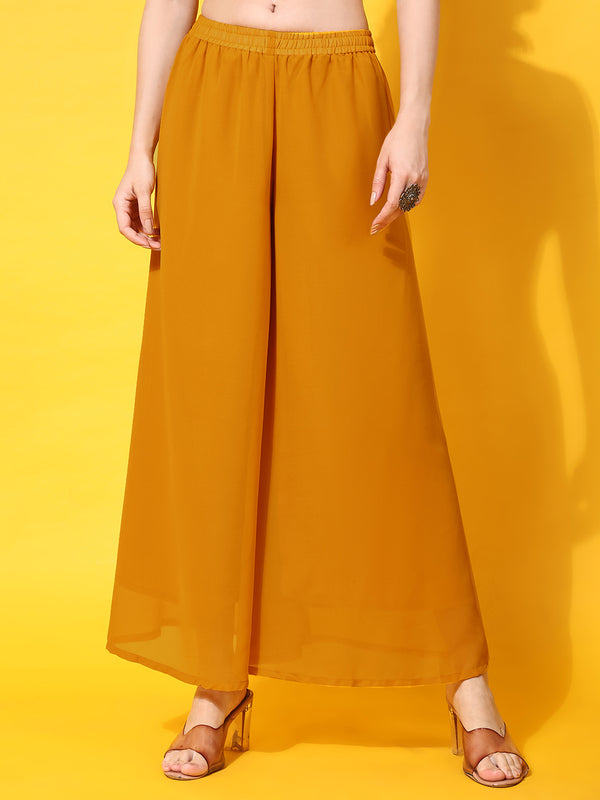 Poshak Hub Women Yellow georgette Aari work A-Line Kurta with Sharara