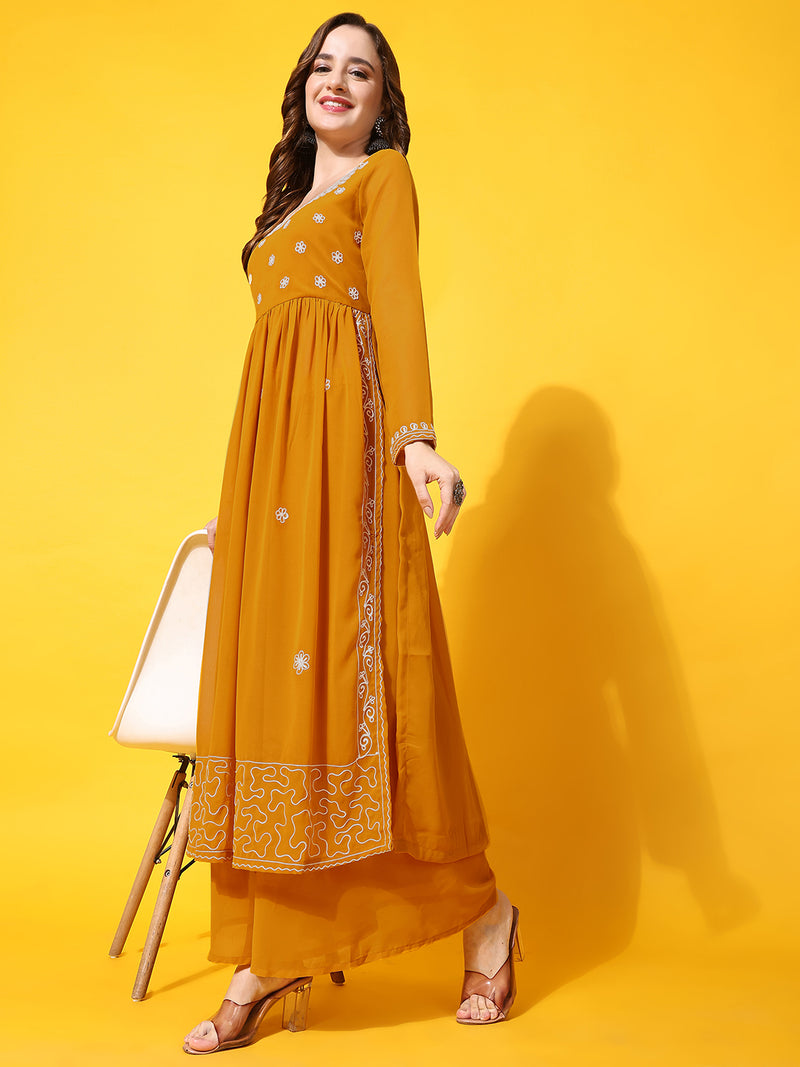Poshak Hub Women Lavender georgette Aari work A-Line Kurta with Sharara