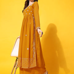 Poshak Hub Women Lavender georgette Aari work A-Line Kurta with Sharara