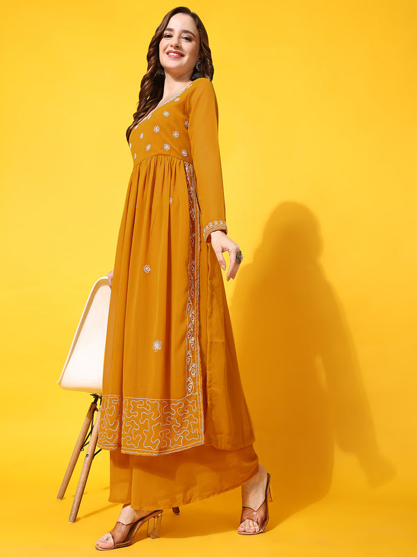 Poshak Hub Women Yellow georgette Aari work A-Line Kurta with Sharara