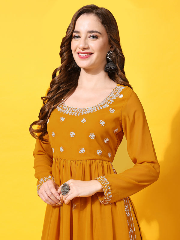 Poshak Hub Women Yellow georgette Aari work A-Line Kurta with Sharara