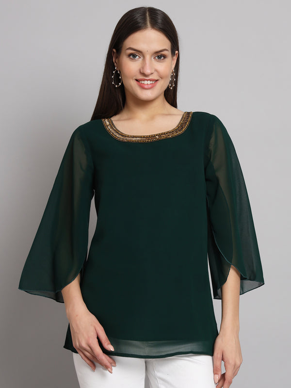 Poshak Hub Green Floral Print V Neck Top