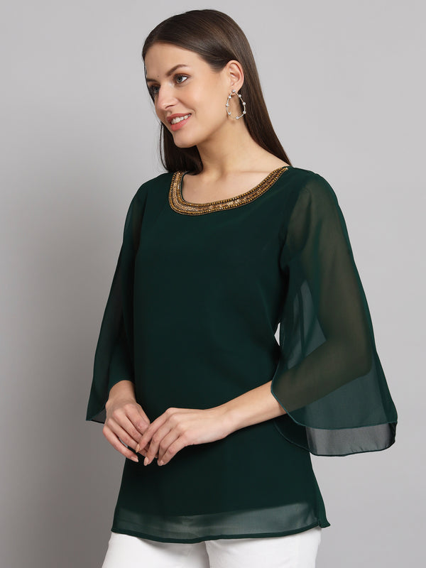 Poshak Hub Green Floral Print V Neck Top