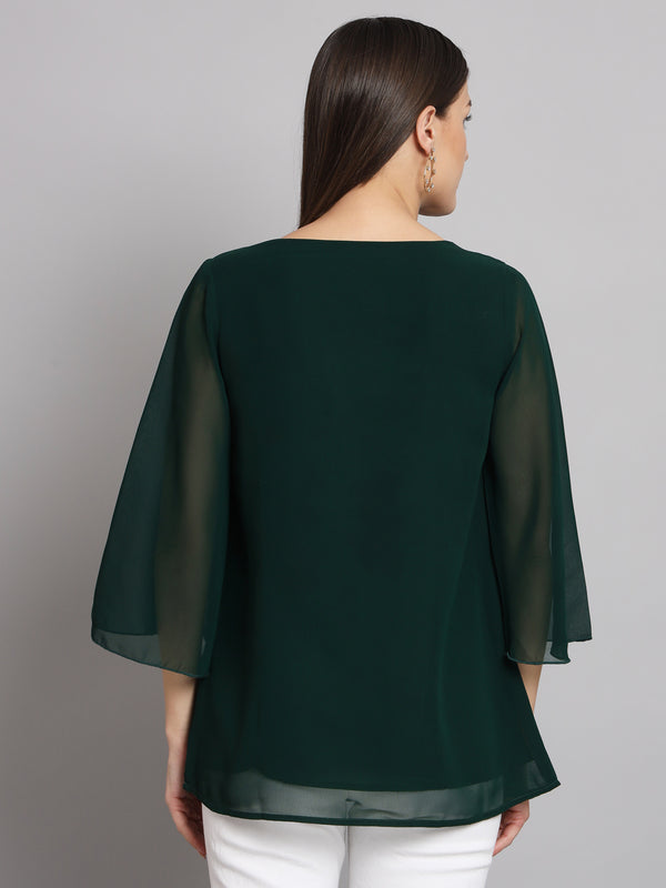 Poshak Hub Green Floral Print V Neck Top