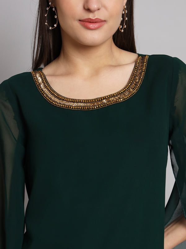 Poshak Hub Green Floral Print V Neck Top
