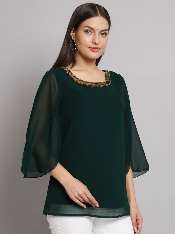 Poshak Hub Green Floral Print V Neck Top