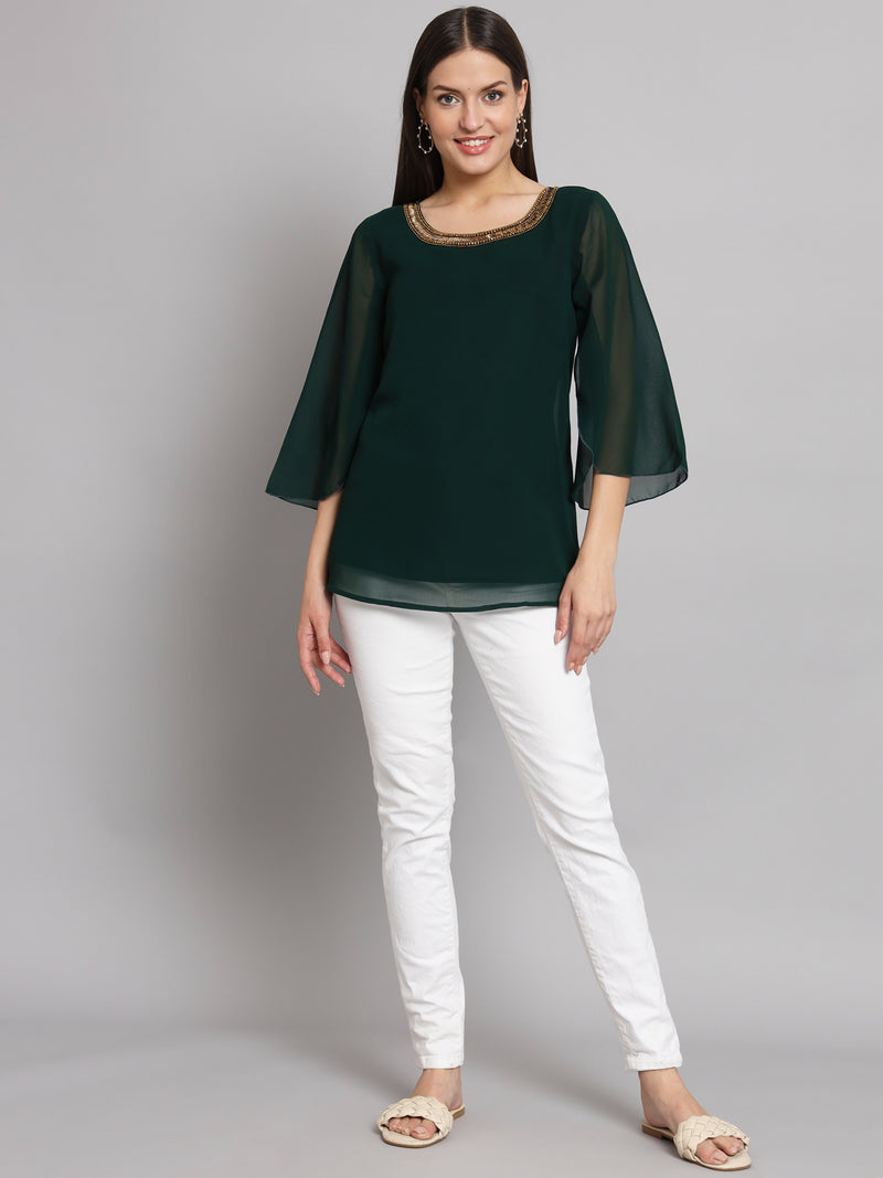 Poshak Hub Green Floral Print V Neck Top
