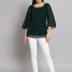 Poshak Hub Green Floral Print V Neck Top