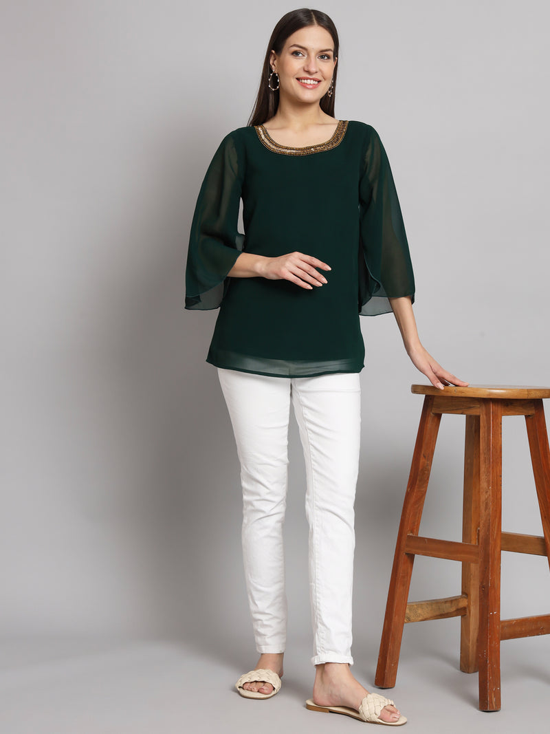 Poshak Hub Green Floral Print V Neck Top