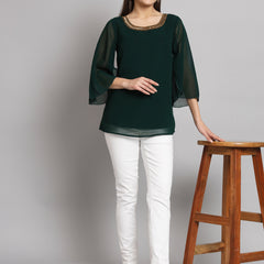 Poshak Hub Green Floral Print V Neck Top