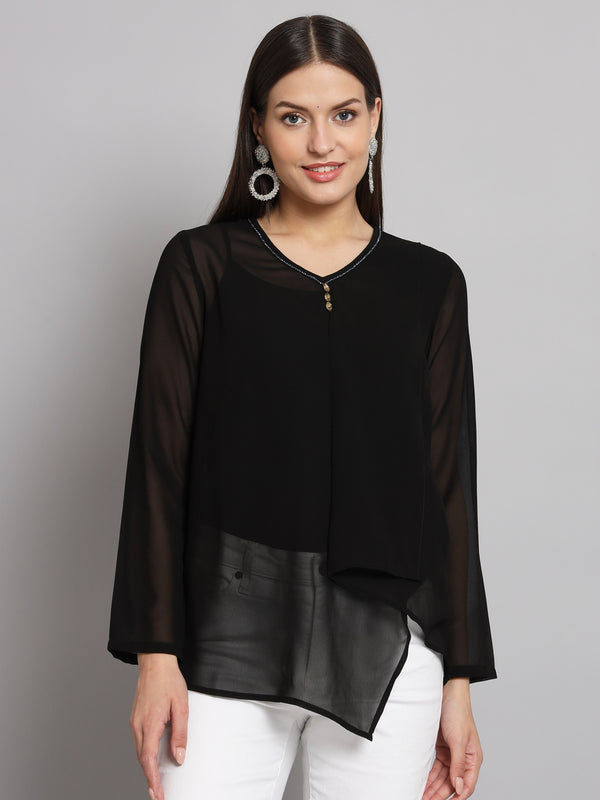 Poshak Hub Black Solid Print V Neck Top