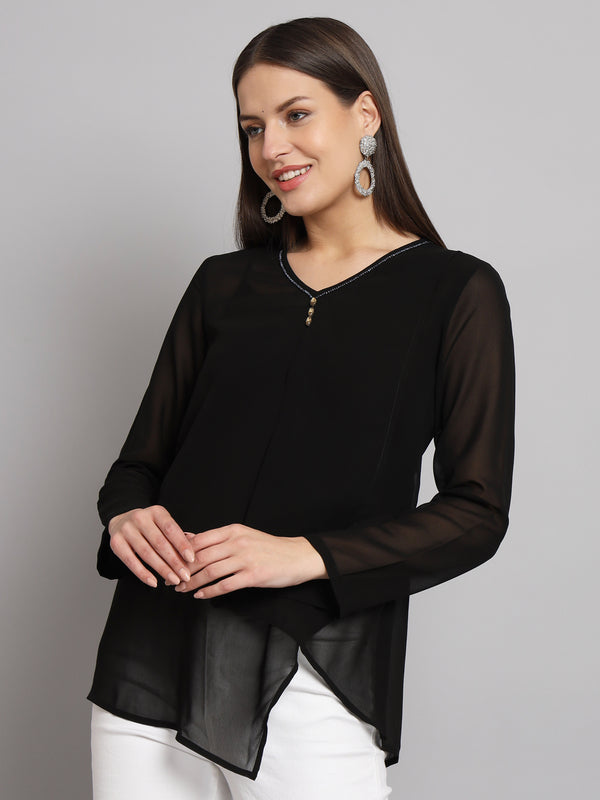 Poshak Hub Black Solid Print V Neck Top