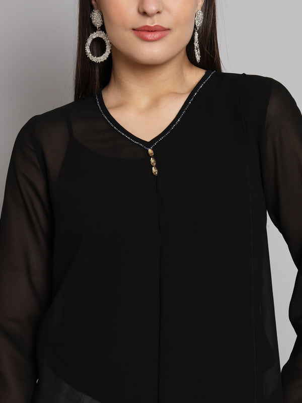 Poshak Hub Black Solid Print V Neck Top