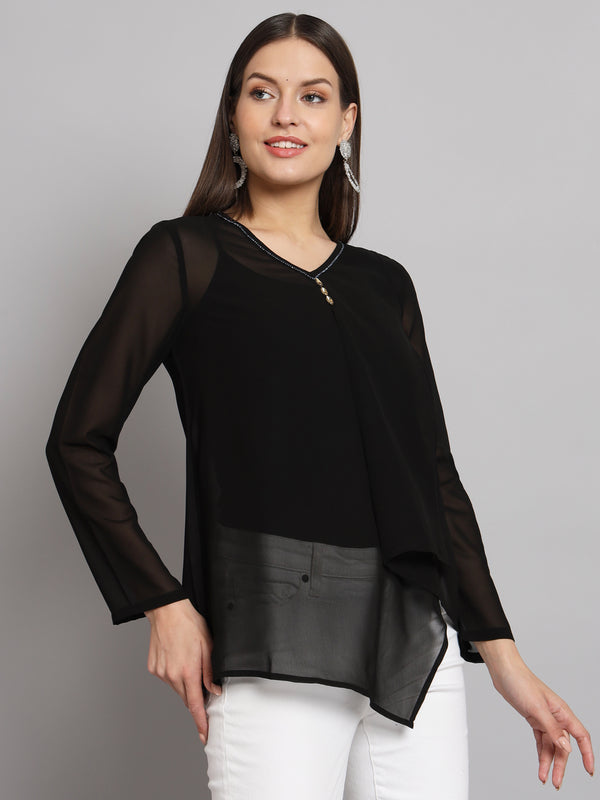 Poshak Hub Black Solid Print V Neck Top