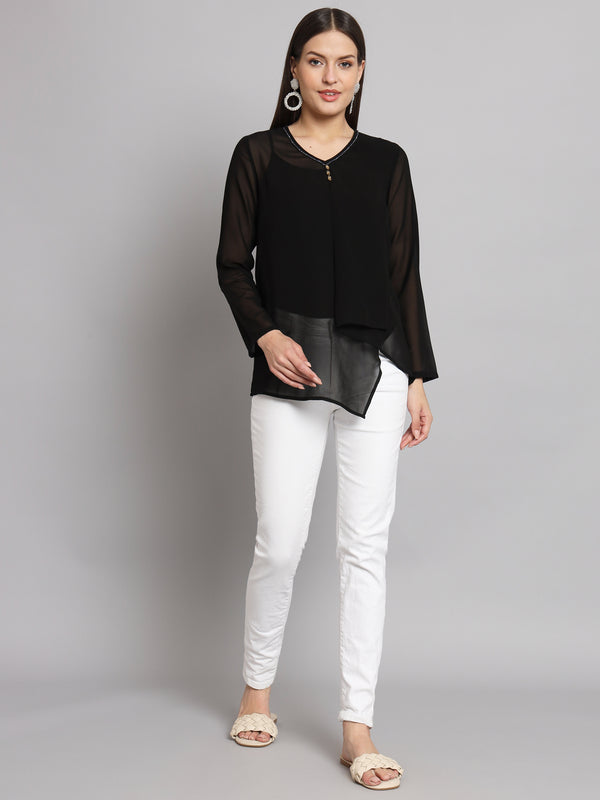 Poshak Hub Black Solid Print V Neck Top