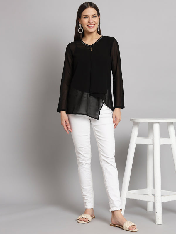 Poshak Hub Black Solid Print V Neck Top