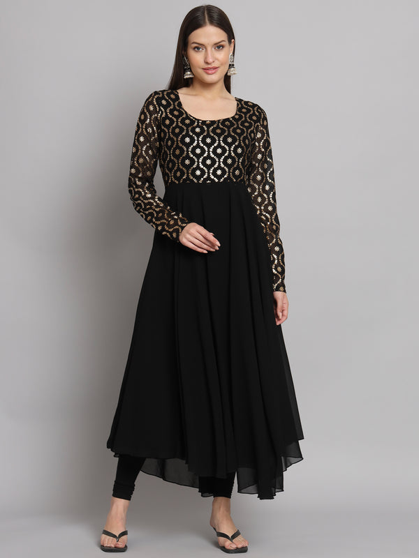 Poshak Hub Women Black Georgette Foil print Anarkali Kurta