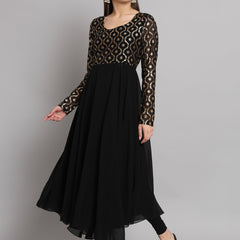 Poshak Hub Women Black Georgette Foil print Anarkali Kurta