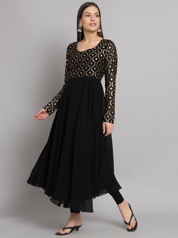 Poshak Hub Women Black Georgette Foil print Anarkali Kurta