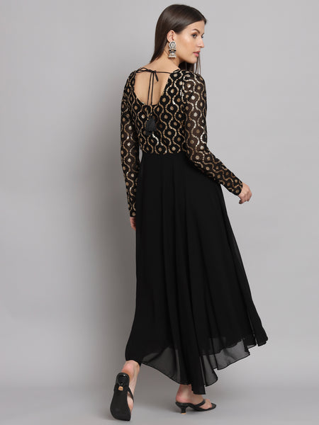 Poshak Hub Women Black Georgette Foil print Anarkali Kurta