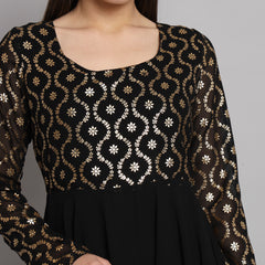 Poshak Hub Women Black Georgette Foil print Anarkali Kurta
