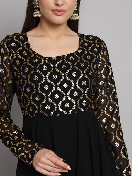 Poshak Hub Women Black Georgette Foil print Anarkali Kurta