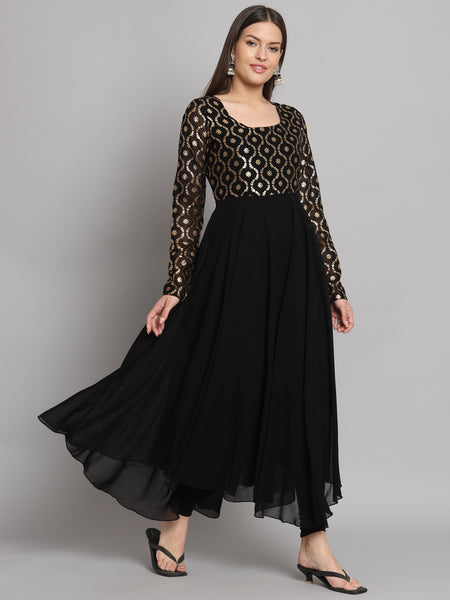 Poshak Hub Women Black Georgette Foil print Anarkali Kurta