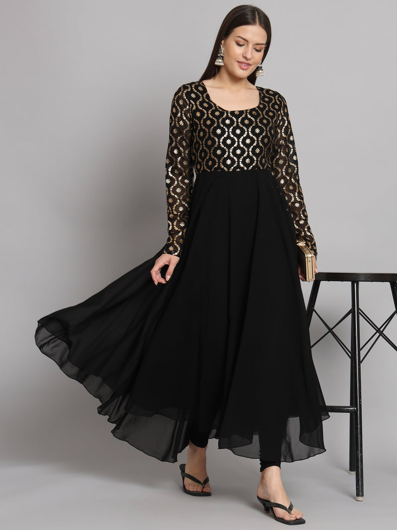 Poshak Hub Women Black Georgette Foil print Anarkali Kurta
