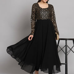 Poshak Hub Women Black Georgette Foil print Anarkali Kurta