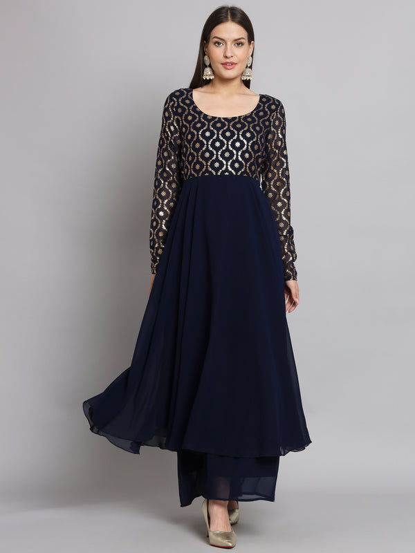 Poshak Hub Women Blue Georgette Foil print Anarkali Kurta