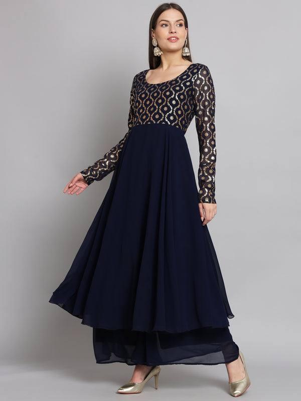 Poshak Hub Women Blue Georgette Foil print Anarkali Kurta