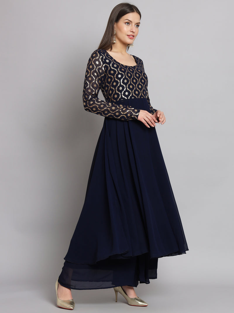 Poshak Hub Women Blue Georgette Foil print Anarkali Kurta