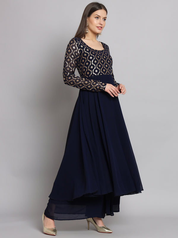 Poshak Hub Women Blue Georgette Foil print Anarkali Kurta