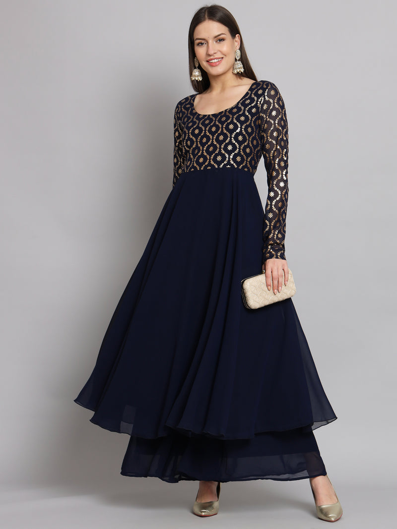 Poshak Hub Women Blue Georgette Foil print Anarkali Kurta