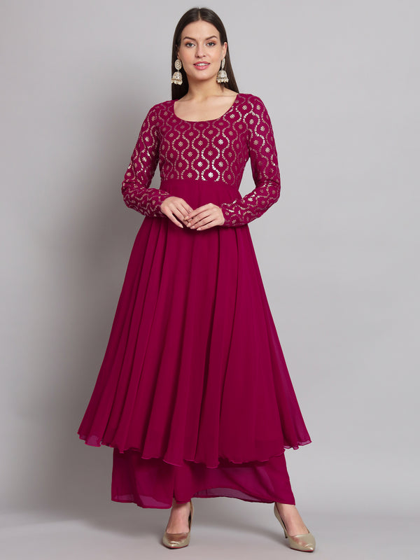 Poshak Hub Women Pink Georgette Foil print Anarkali Kurta