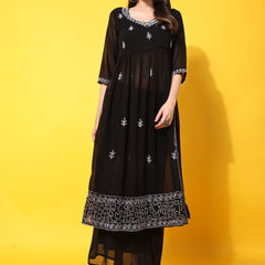 Poshak Hub Women Black georgette Aari work A-Line Kurta with Sharara