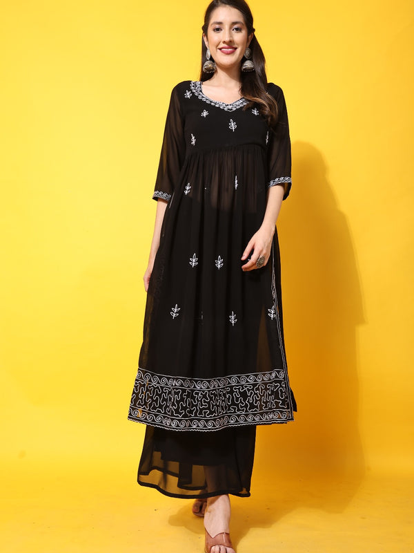 Poshak Hub Women Black georgette Aari work A-Line Kurta with Sharara