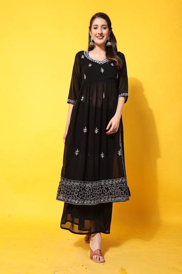 Poshak Hub Women Black georgette Aari work A-Line Kurta with Sharara